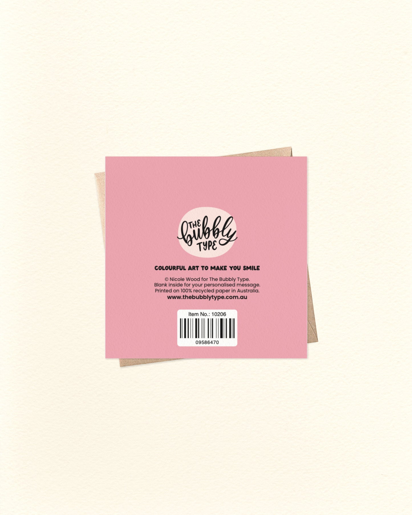 Pink greeting card with 'The Bubble Type' branding on a beige background
