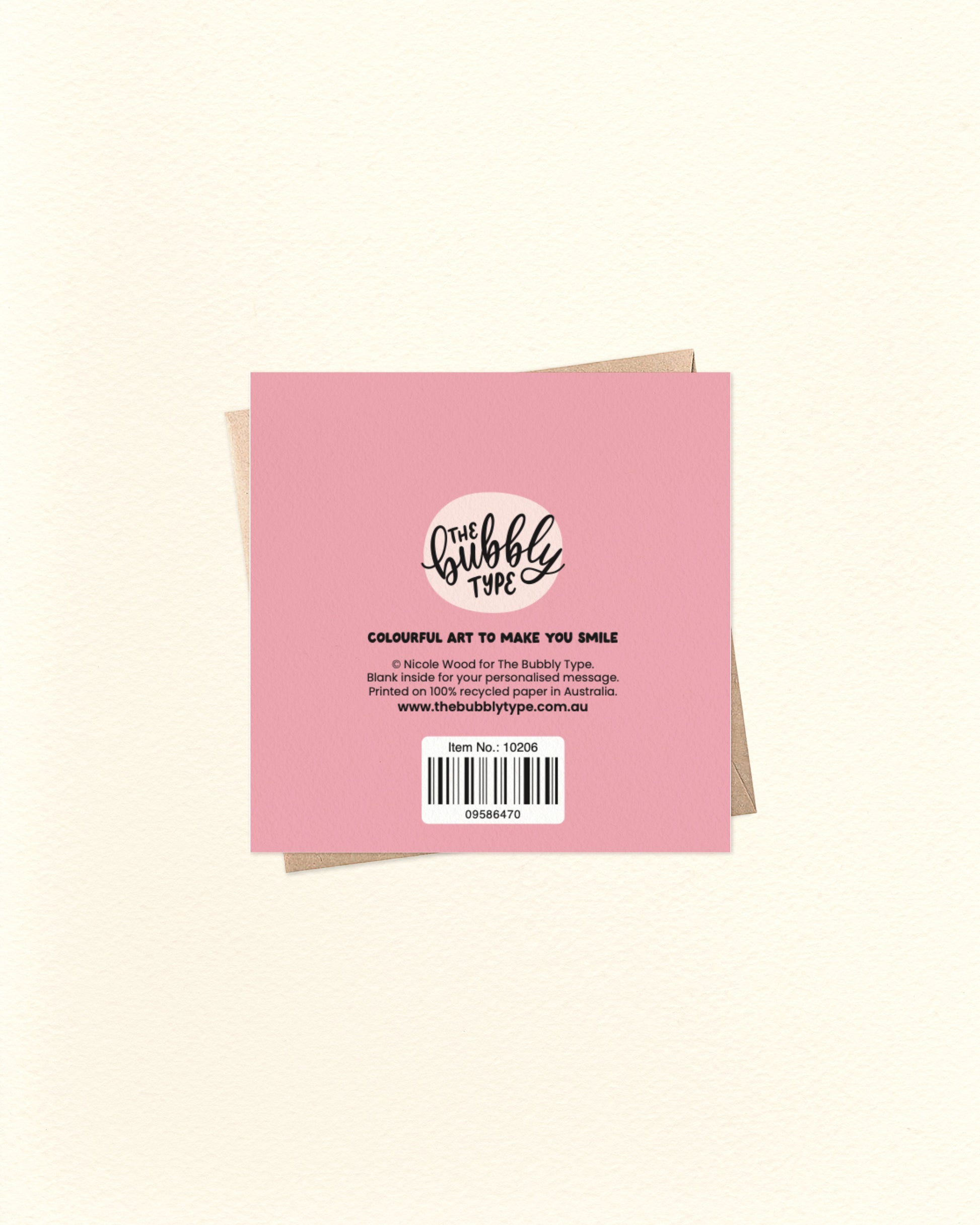 Pink greeting card with 'The Bubble Type' branding on a beige background