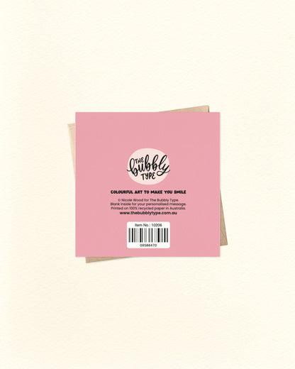 Pink greeting card with 'The Bubble Type' branding on a beige background