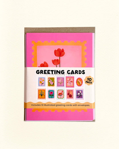 Postage Stamp Flowers - 10pk Greeting Cards