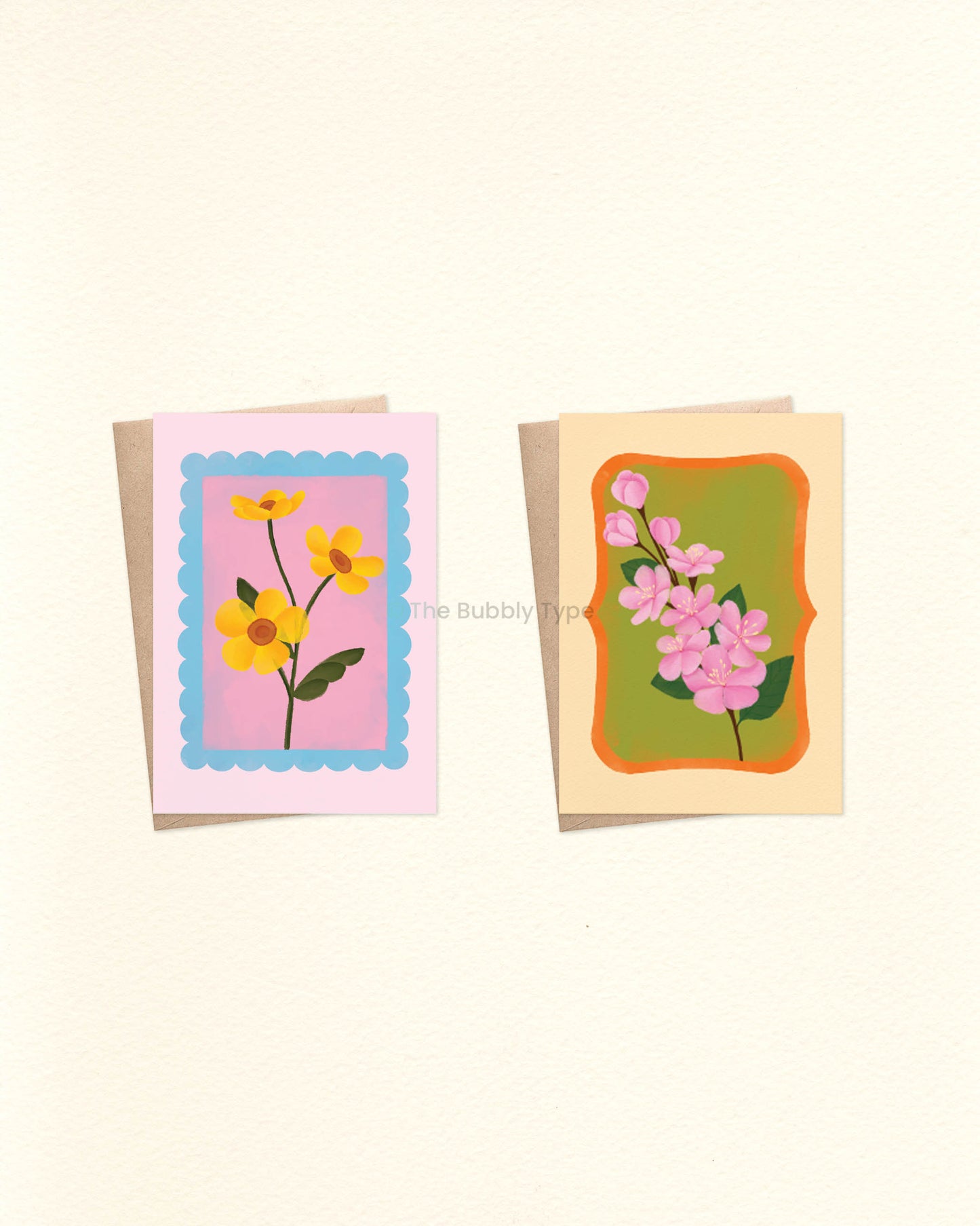 Everyday Floral Stamp Greeting Card Pack – Set of 10 A6 Handmade Cards. A selection of beautifully illustrated greeting cards filled with colourful floral blooms on uniquely shaped stamps. These are a beautiful choice for any occasion—whether it's a birthday, a thank-you, or just because. This pack includes one of each design, no double ups. Designed with love in Australia to Celebrate Every Occasion. You can buy Australian made, environmentally responsible greeting cards at The Bubbly Type. Our cards are m
