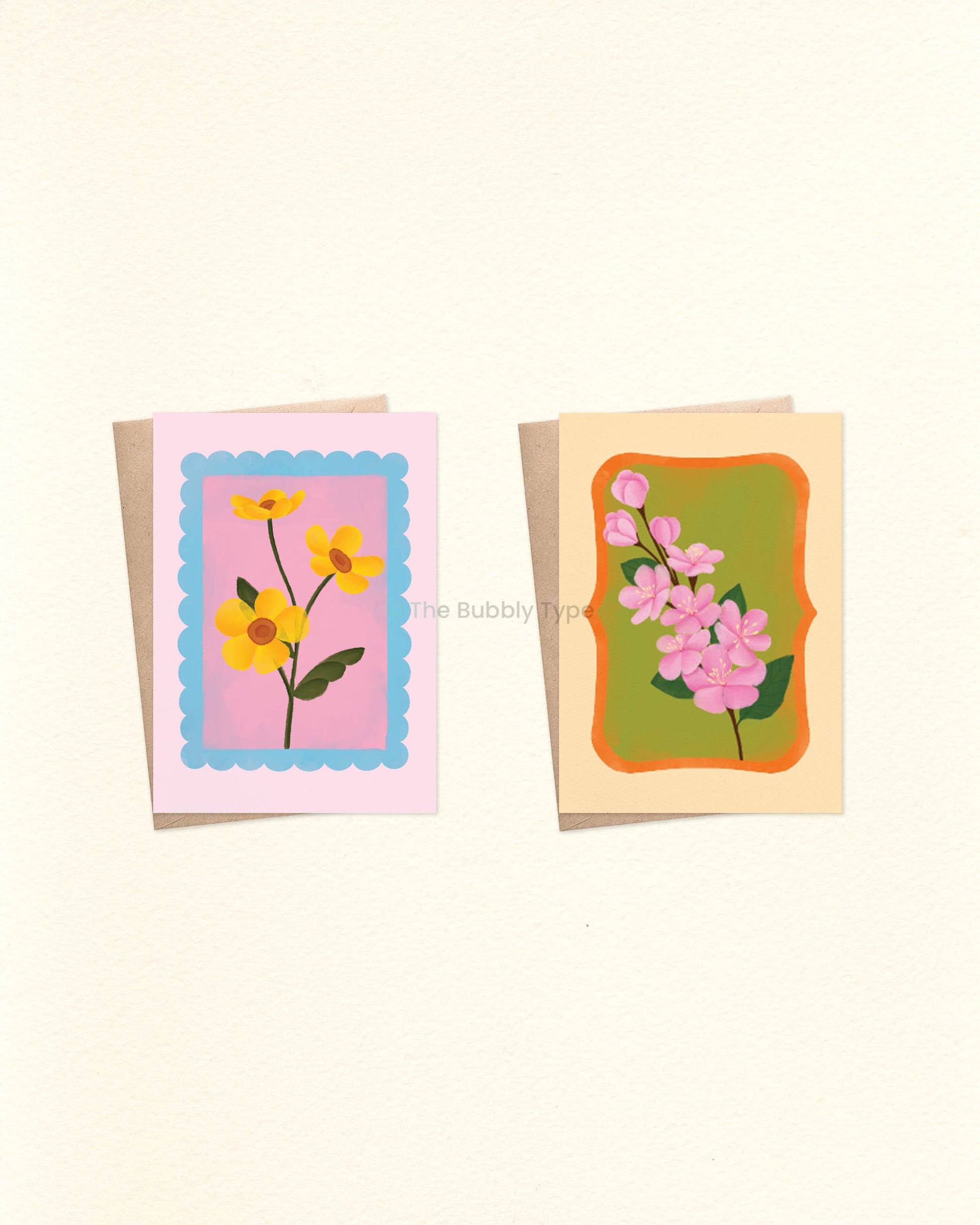 Everyday Floral Stamp Greeting Card Pack – Set of 10 A6 Handmade Cards. A selection of beautifully illustrated greeting cards filled with colourful floral blooms on uniquely shaped stamps. These are a beautiful choice for any occasion—whether it's a birthday, a thank-you, or just because. This pack includes one of each design, no double ups. Designed with love in Australia to Celebrate Every Occasion. You can buy Australian made, environmentally responsible greeting cards at The Bubbly Type. Our cards are m