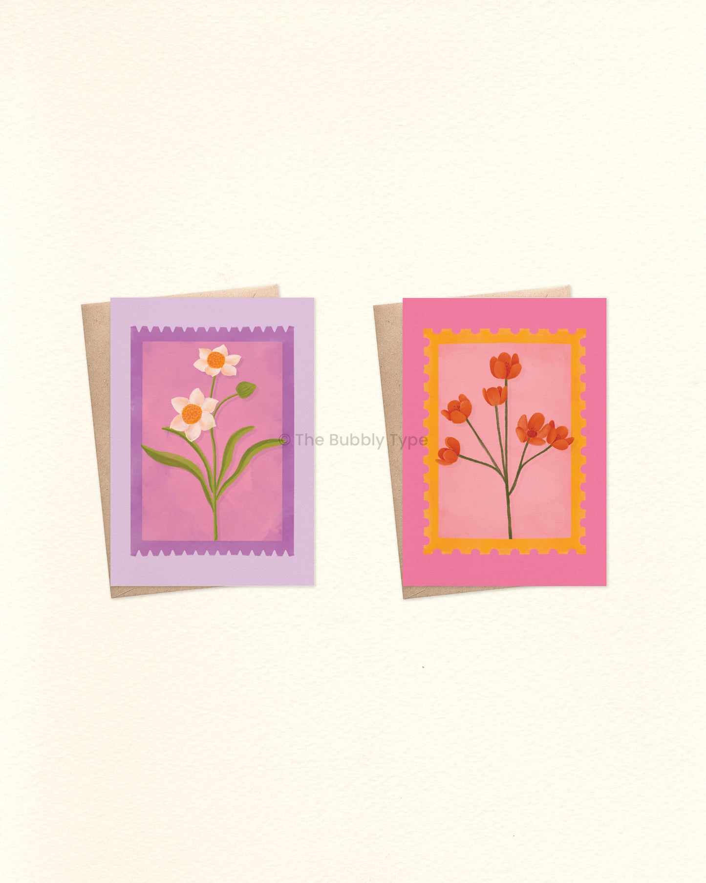 Everyday Floral Stamp Greeting Card Pack – Set of 10 A6 Handmade Cards. A selection of beautifully illustrated greeting cards filled with colourful floral blooms on uniquely shaped stamps. These are a beautiful choice for any occasion—whether it's a birthday, a thank-you, or just because. This pack includes one of each design, no double ups. Designed with love in Australia to Celebrate Every Occasion. You can buy Australian made, environmentally responsible greeting cards at The Bubbly Type. Our cards are m
