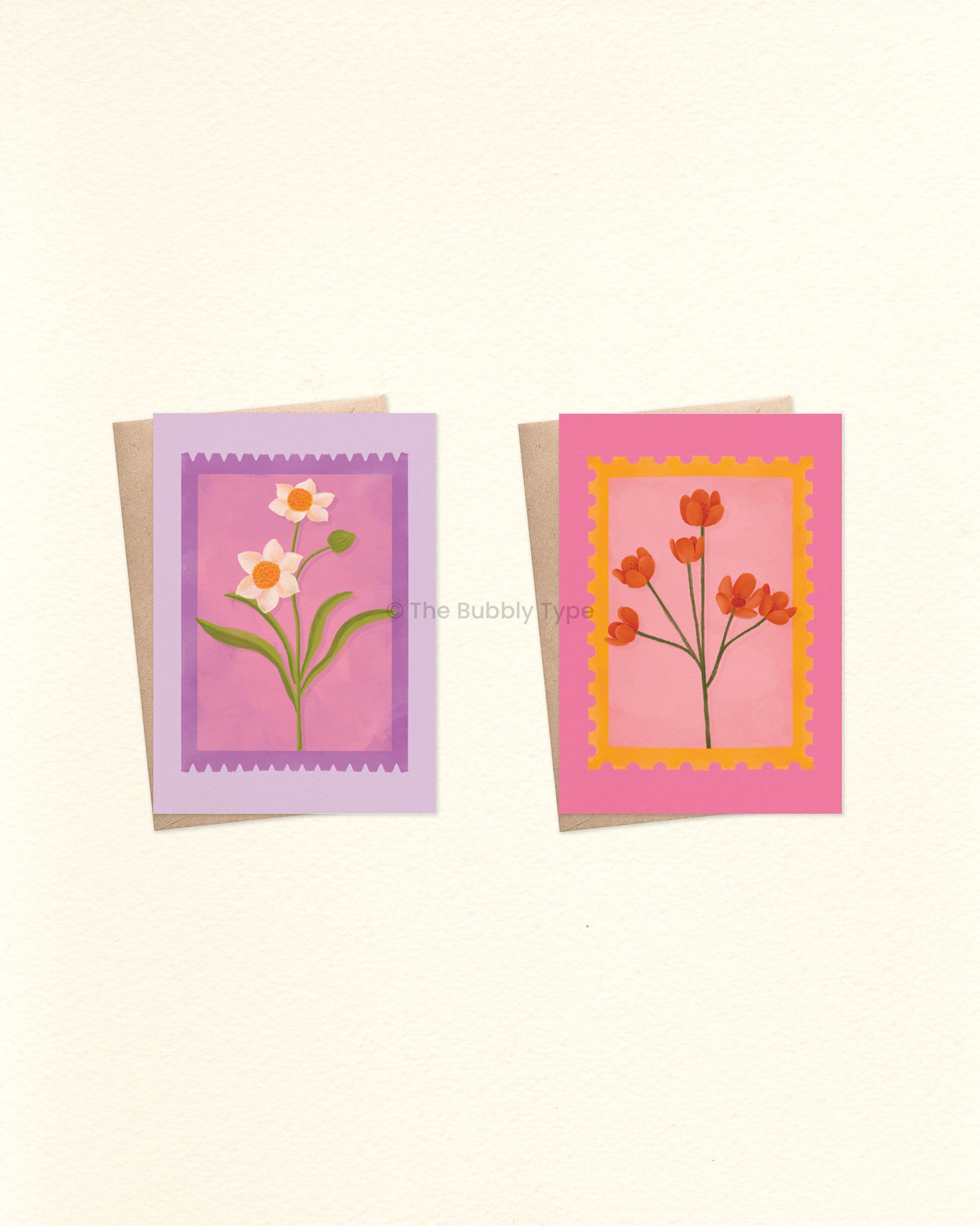 Everyday Floral Stamp Greeting Card Pack – Set of 10 A6 Handmade Cards. A selection of beautifully illustrated greeting cards filled with colourful floral blooms on uniquely shaped stamps. These are a beautiful choice for any occasion—whether it's a birthday, a thank-you, or just because. This pack includes one of each design, no double ups. Designed with love in Australia to Celebrate Every Occasion. You can buy Australian made, environmentally responsible greeting cards at The Bubbly Type. Our cards are m
