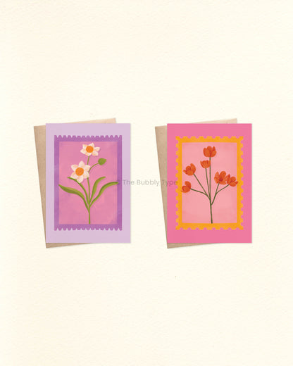 Everyday Floral Stamp Greeting Card Pack – Set of 10 A6 Handmade Cards. A selection of beautifully illustrated greeting cards filled with colourful floral blooms on uniquely shaped stamps. These are a beautiful choice for any occasion—whether it's a birthday, a thank-you, or just because. This pack includes one of each design, no double ups. Designed with love in Australia to Celebrate Every Occasion. You can buy Australian made, environmentally responsible greeting cards at The Bubbly Type. Our cards are m