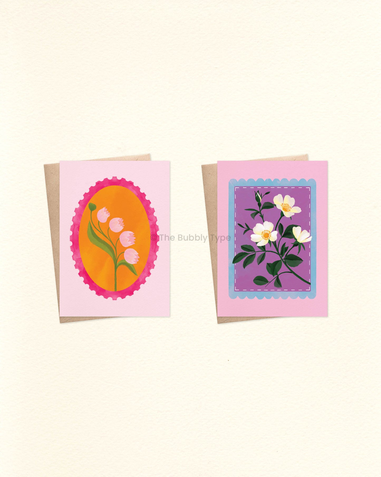 Everyday Floral Stamp Greeting Card Pack – Set of 10 A6 Handmade Cards. A selection of beautifully illustrated greeting cards filled with colourful floral blooms on uniquely shaped stamps. These are a beautiful choice for any occasion—whether it's a birthday, a thank-you, or just because. This pack includes one of each design, no double ups. Designed with love in Australia to Celebrate Every Occasion. You can buy Australian made, environmentally responsible greeting cards at The Bubbly Type. Our cards are m