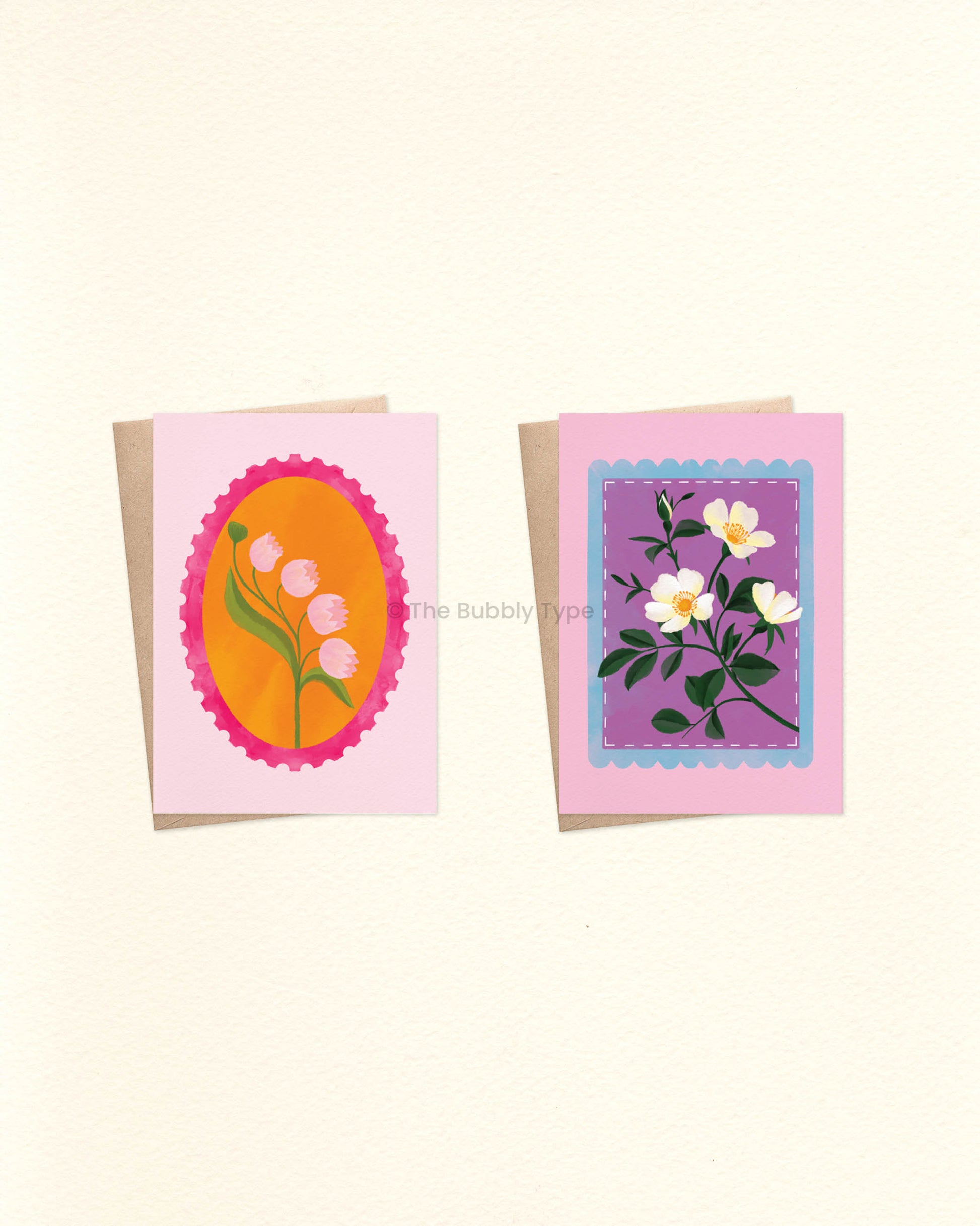 Everyday Floral Stamp Greeting Card Pack – Set of 10 A6 Handmade Cards. A selection of beautifully illustrated greeting cards filled with colourful floral blooms on uniquely shaped stamps. These are a beautiful choice for any occasion—whether it's a birthday, a thank-you, or just because. This pack includes one of each design, no double ups. Designed with love in Australia to Celebrate Every Occasion. You can buy Australian made, environmentally responsible greeting cards at The Bubbly Type. Our cards are m