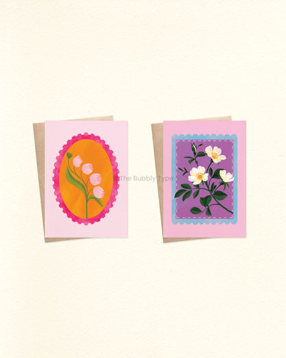 Everyday Floral Stamp Greeting Card Pack – Set of 10 A6 Handmade Cards. A selection of beautifully illustrated greeting cards filled with colourful floral blooms on uniquely shaped stamps. These are a beautiful choice for any occasion—whether it's a birthday, a thank-you, or just because. This pack includes one of each design, no double ups. Designed with love in Australia to Celebrate Every Occasion. You can buy Australian made, environmentally responsible greeting cards at The Bubbly Type. Our cards are m