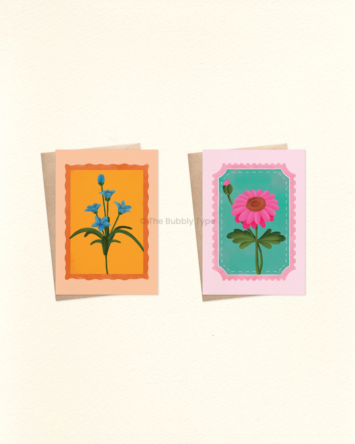 Everyday Floral Stamp Greeting Card Pack – Set of 10 A6 Handmade Cards. A selection of beautifully illustrated greeting cards filled with colourful floral blooms on uniquely shaped stamps. These are a beautiful choice for any occasion—whether it's a birthday, a thank-you, or just because. This pack includes one of each design, no double ups. Designed with love in Australia to Celebrate Every Occasion. You can buy Australian made, environmentally responsible greeting cards at The Bubbly Type. Our cards are m