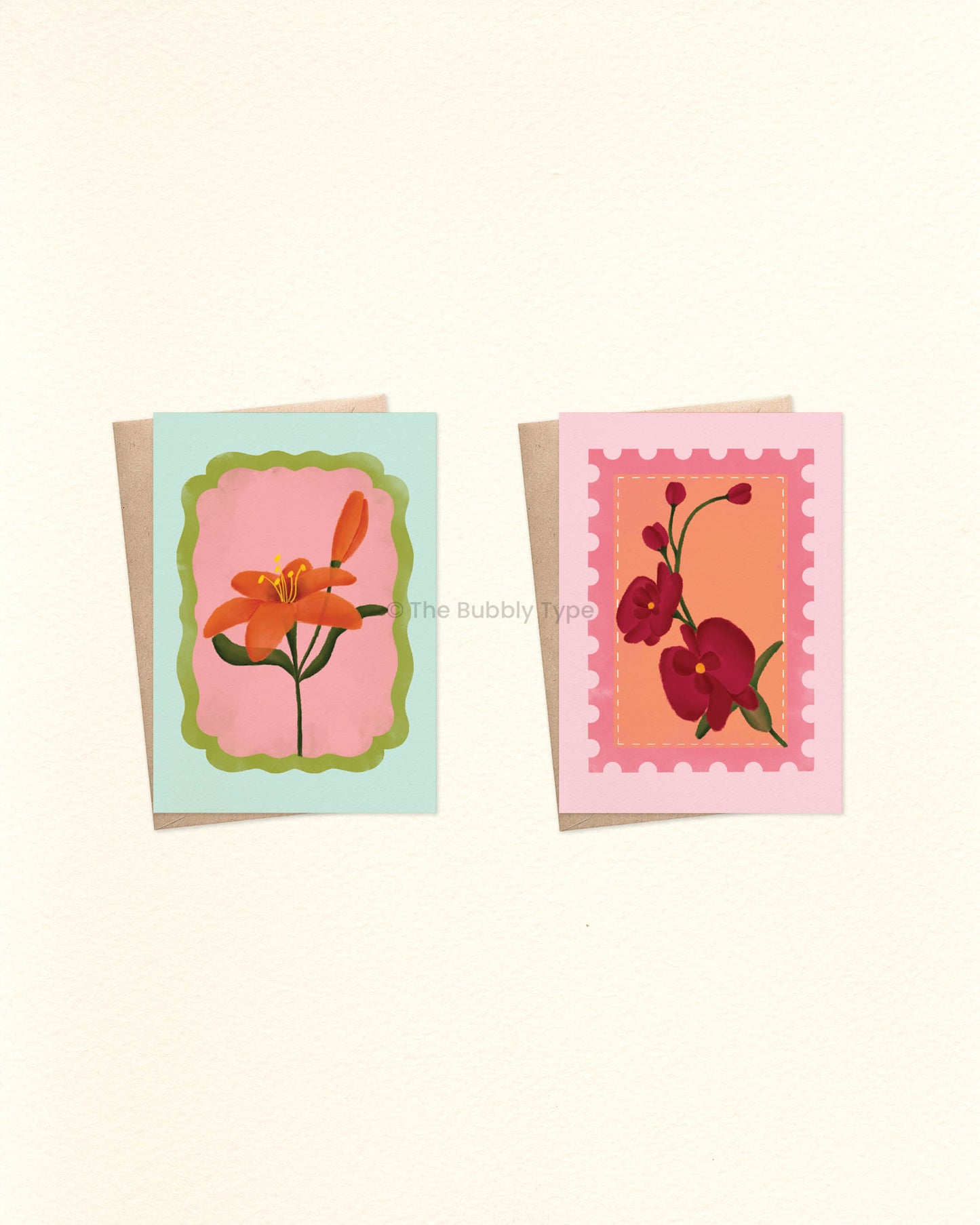 Everyday Floral Stamp Greeting Card Pack – Set of 10 A6 Handmade Cards. A selection of beautifully illustrated greeting cards filled with colourful floral blooms on uniquely shaped stamps. These are a beautiful choice for any occasion—whether it's a birthday, a thank-you, or just because. This pack includes one of each design, no double ups. Designed with love in Australia to Celebrate Every Occasion. You can buy Australian made, environmentally responsible greeting cards at The Bubbly Type. Our cards are m
