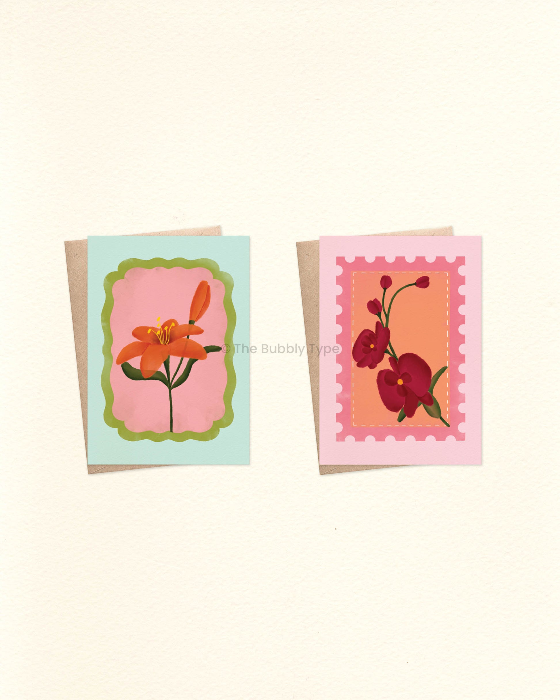 Everyday Floral Stamp Greeting Card Pack – Set of 10 A6 Handmade Cards. A selection of beautifully illustrated greeting cards filled with colourful floral blooms on uniquely shaped stamps. These are a beautiful choice for any occasion—whether it's a birthday, a thank-you, or just because. This pack includes one of each design, no double ups. Designed with love in Australia to Celebrate Every Occasion. You can buy Australian made, environmentally responsible greeting cards at The Bubbly Type. Our cards are m