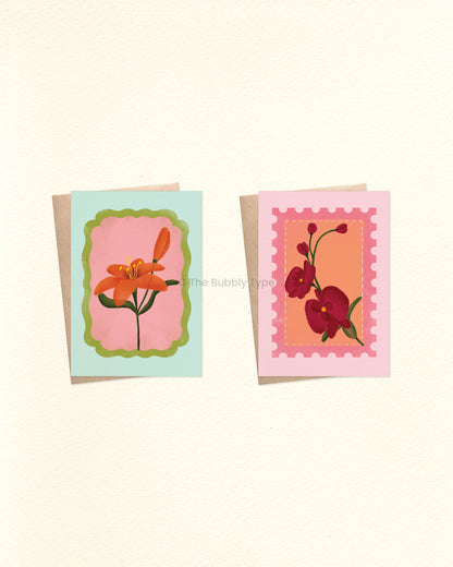 Everyday Floral Stamp Greeting Card Pack – Set of 10 A6 Handmade Cards. A selection of beautifully illustrated greeting cards filled with colourful floral blooms on uniquely shaped stamps. These are a beautiful choice for any occasion—whether it's a birthday, a thank-you, or just because. This pack includes one of each design, no double ups. Designed with love in Australia to Celebrate Every Occasion. You can buy Australian made, environmentally responsible greeting cards at The Bubbly Type. Our cards are m