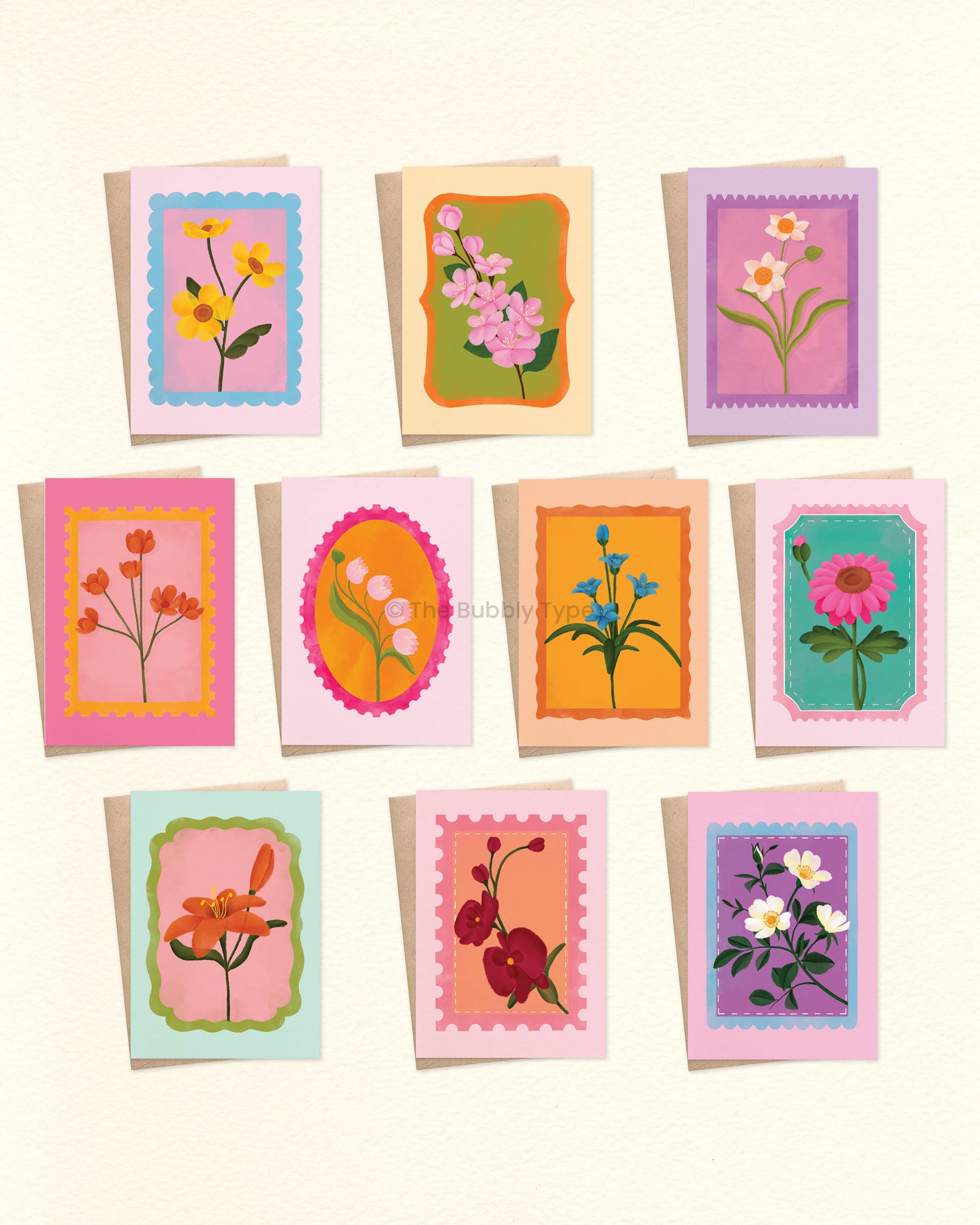 A selection of beautifully illustrated greeting cards filled with colourful floral blooms on uniquely shaped stamps. These are a beautiful choice for any occasion—whether it's a birthday, a thank-you, or just because. With ten unique designs, this handmade floral card pack is perfect for celebrating friends, family, and loved ones all year round. Each card is designed with bright, cheerful colours to make someone’s day unforgettable. Our cards are made from 100% post consumer recycled papers.