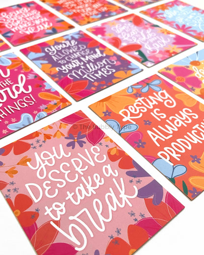 Boxed set of 30 motivational affirmation mini art prints with floral illustrations and hand-lettered quotes, printed on 100% recycled paper in Australia. A beautiful gift or daily inspiration deck designed and made in Australia.