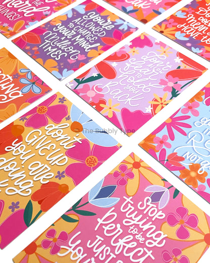 Boxed set of 30 motivational affirmation mini art prints with floral illustrations and hand-lettered quotes, printed on 100% recycled paper in Australia. A beautiful gift or daily inspiration deck designed and made in Australia.