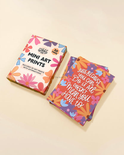 Boxed set of 30 motivational affirmation mini art prints with floral illustrations and hand-lettered quotes, eco-friendly Australian made gift printed on 100% recycled paper. Motivational affirmation mini art prints set with colourful floral artwork and uplifting quotes, 30-card deck for daily inspiration, mindfulness, and self-care gifts, designed and made in Australia.