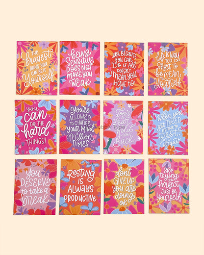 Boxed set of 30 motivational affirmation mini art prints with floral illustrations and hand-lettered quotes, printed on 100% recycled paper in Australia. A beautiful gift or daily inspiration deck designed and made in Australia.