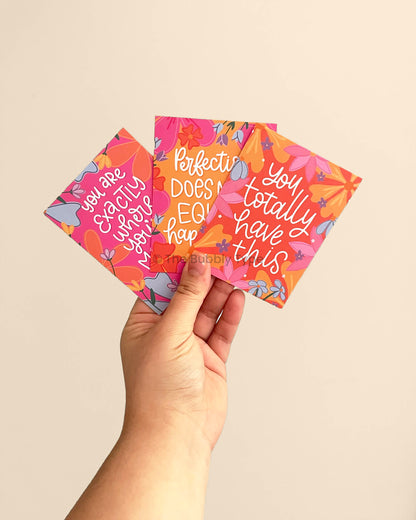 Boxed set of 30 motivational affirmation mini art prints with floral illustrations and hand-lettered quotes, printed on 100% recycled paper in Australia. A beautiful gift or daily inspiration deck designed and made in Australia.