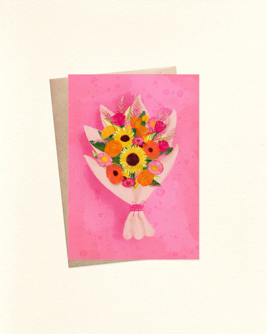 A6 greeting card with pink floral bouquet illustration, perfect for birthdays, thank yous or just because. Shown with a kraft brown envelope. Buy pretty flower cards in Australia for special occasions.