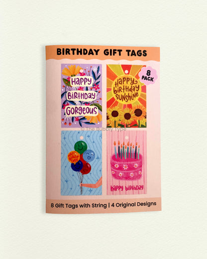 Birthday gift tags 8-pack with four fun designs visible on front of the packaging. Includes string. Buy birthday gift tags in Australia for colourful and joyful wrapping.