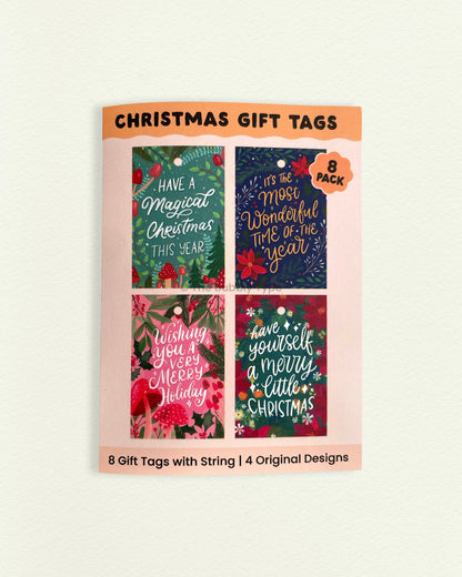  Christmas gift tags 8-pack with images of all four festive designs on the front packaging. Includes string and comes in eco-friendly packaging. Buy Christmas gift tags in Australia for holiday wrapping.