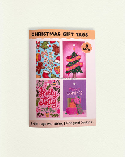 Front of Bubbly Christmas gift tags 8-pack with fun and colourful festive designs. Includes string and vibrant packaging. Perfect for those seeking playful Christmas gift tags in Australia.