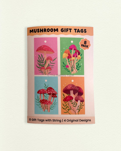  Mushroom-themed gift tag set of 8 with whimsical designs visible on the packaging. Eco packaging and string included. Buy unique mushroom gift tags in Australia for nature lovers.