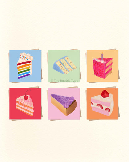 The six cake greeting cards that are included in The Bubbly Type birthday cake card pack. These cake-themed illustrations are colourful and fun Australian made birthday cards for friends, family and more.