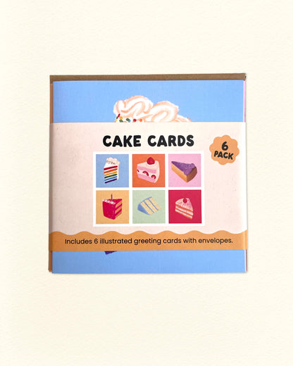 Front of The Bubbly Type birthday cake card pack featuring six square greeting cards with cake-themed illustrations, colourful and fun Australian made birthday cards.
