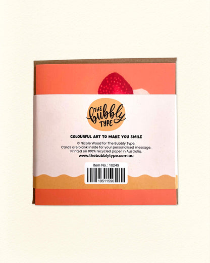 Back of birthday cake card bundle with The Bubbly Type logo and product details, 6-pack square greeting cards for birthdays, printed in Australia.