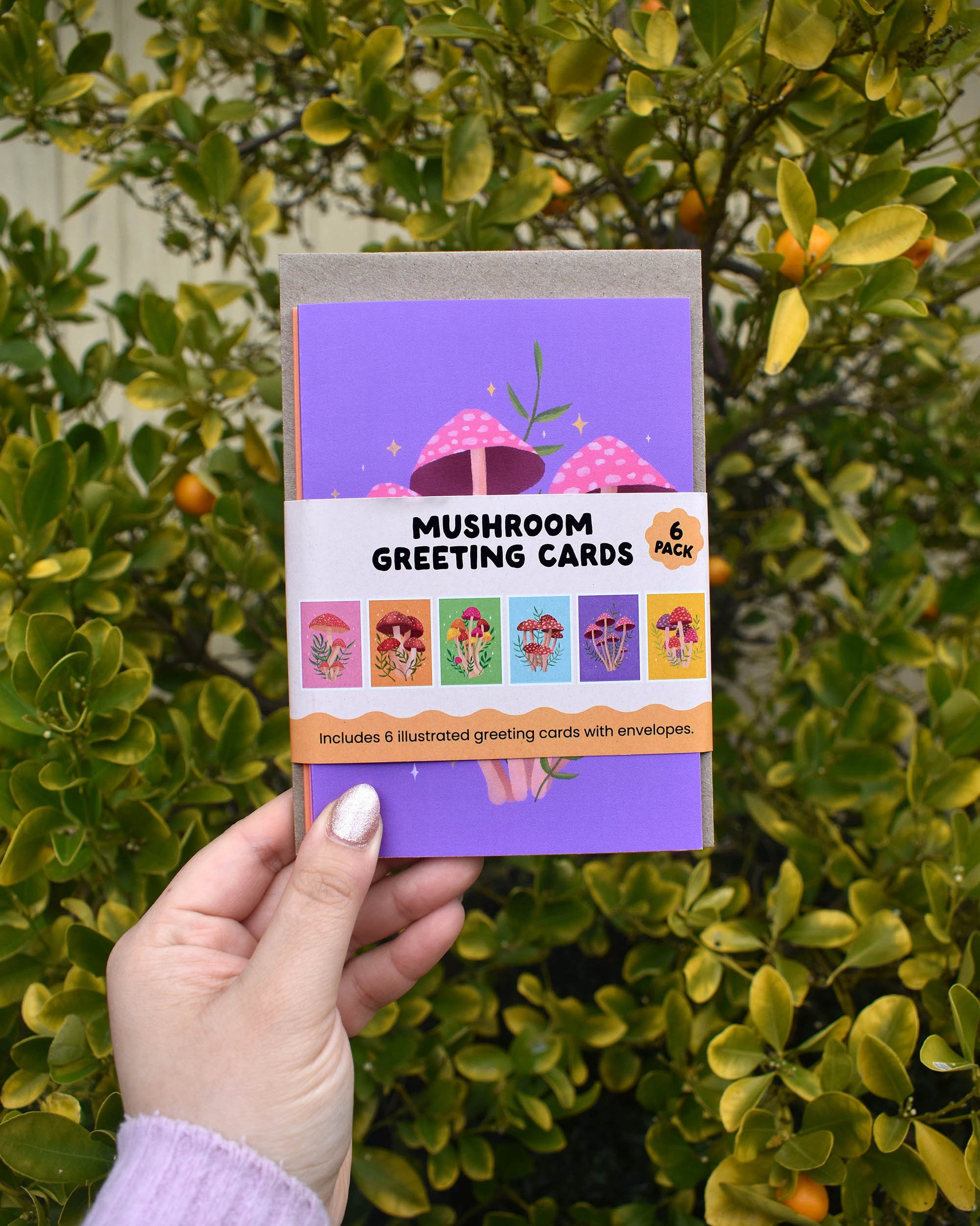 Front of The Bubbly Type mushroom card bundle showing six whimsical mushroom-themed greeting card designs, colourful Australian made stationery set.