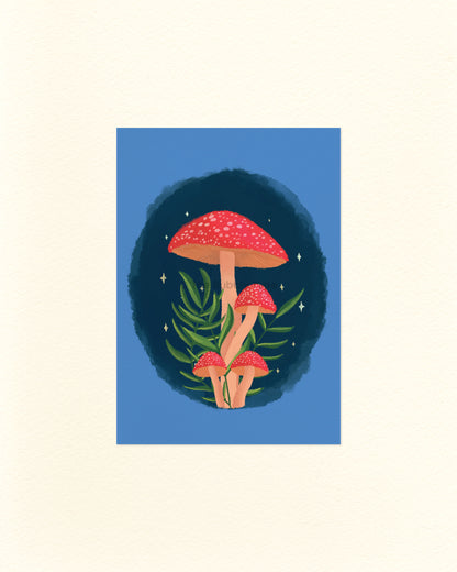 An A6 Postcard featuring an Illustration of red mushrooms with green leaves on a blue background