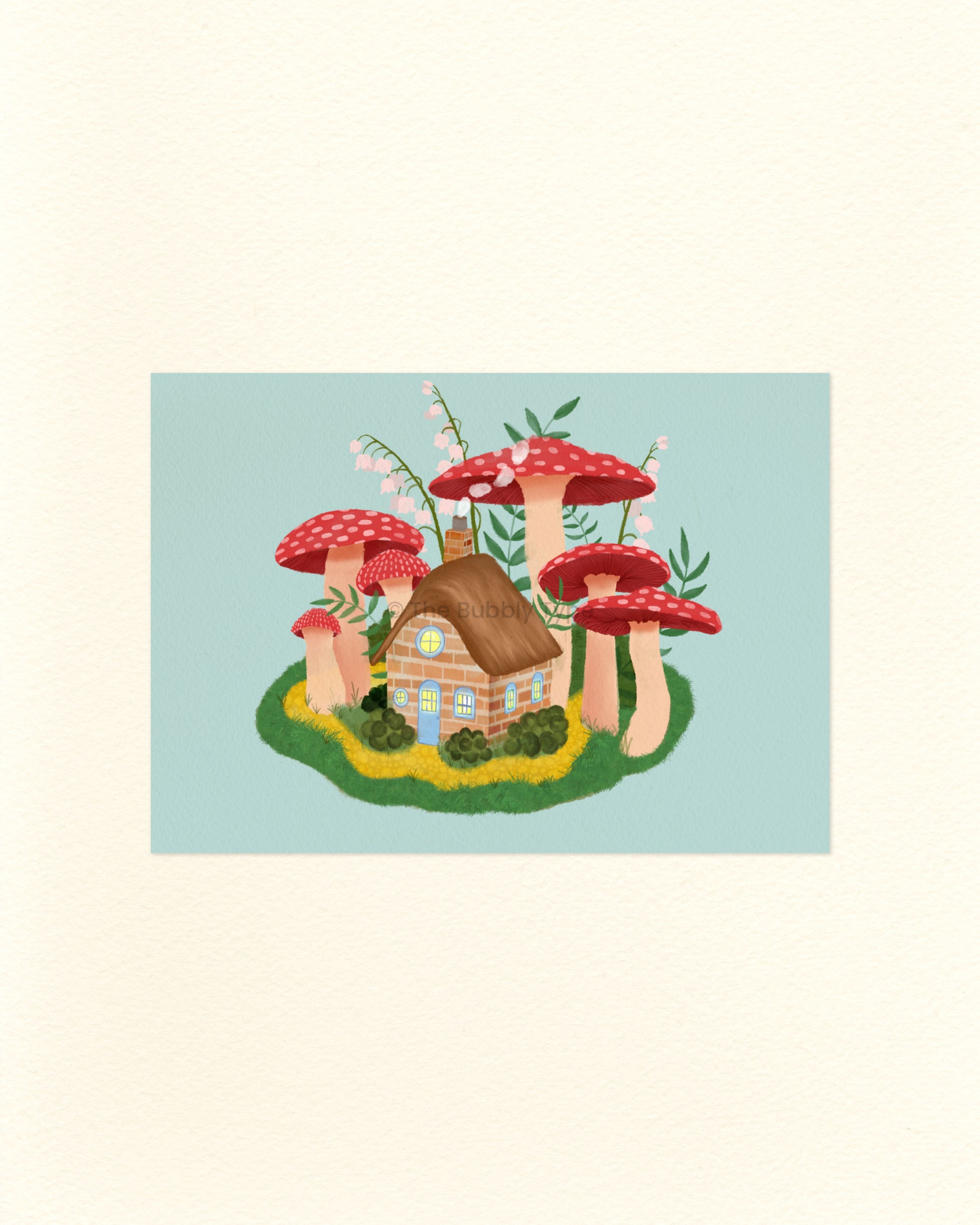 A postcard featuring an illustration of a small cottage house with red mushrooms on a light blue background
