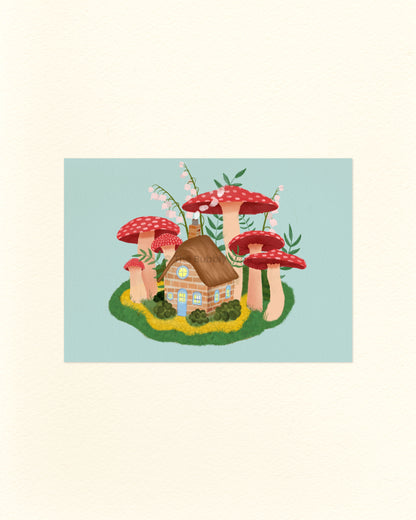A postcard featuring an illustration of a small cottage house with red mushrooms on a light blue background