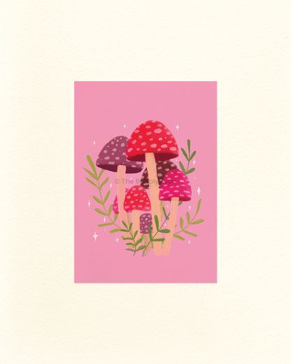 An A6 Postcard featuring an illustration of a cluster of colourful mushrooms on a pink background