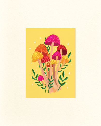An A6 Postcard featuring a colourful illustration of red, pink, orange and yellow mushrooms on a pale yellow background