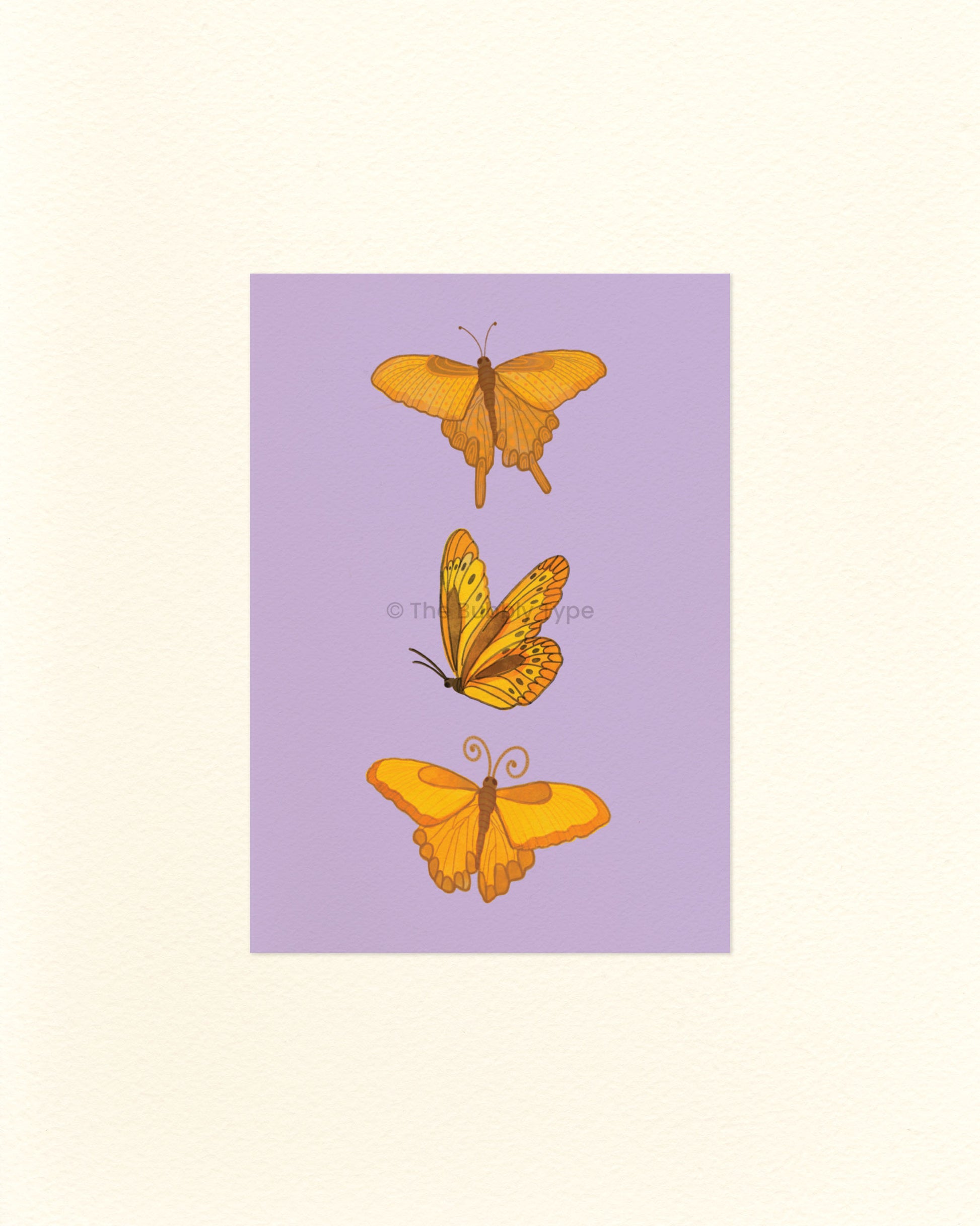 A portrait postcard with illustrations of three yellow butterflies on a lilac purple background.