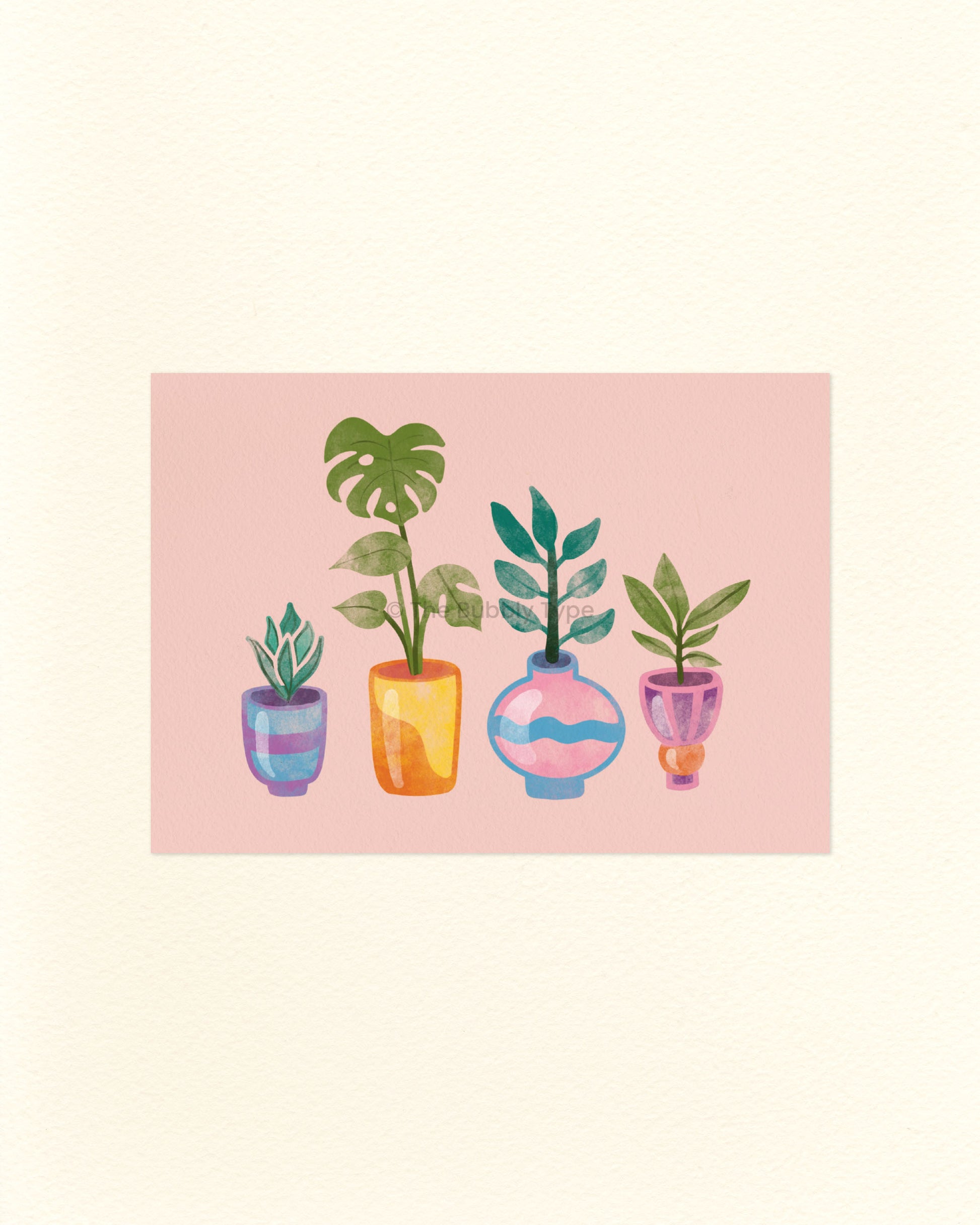 A postcard featuring an illustration of five potted plants with colourful pots on a pink background. Printed in Australian on 100% recycled paper.