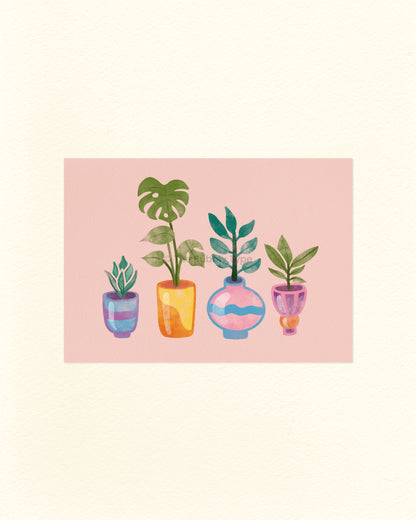 A postcard featuring an illustration of five potted plants with colourful pots on a pink background. Printed in Australian on 100% recycled paper.