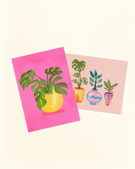 Two postcards with plant illustrations on pink backgrounds. Printed in Australian on 100% recycled paper.