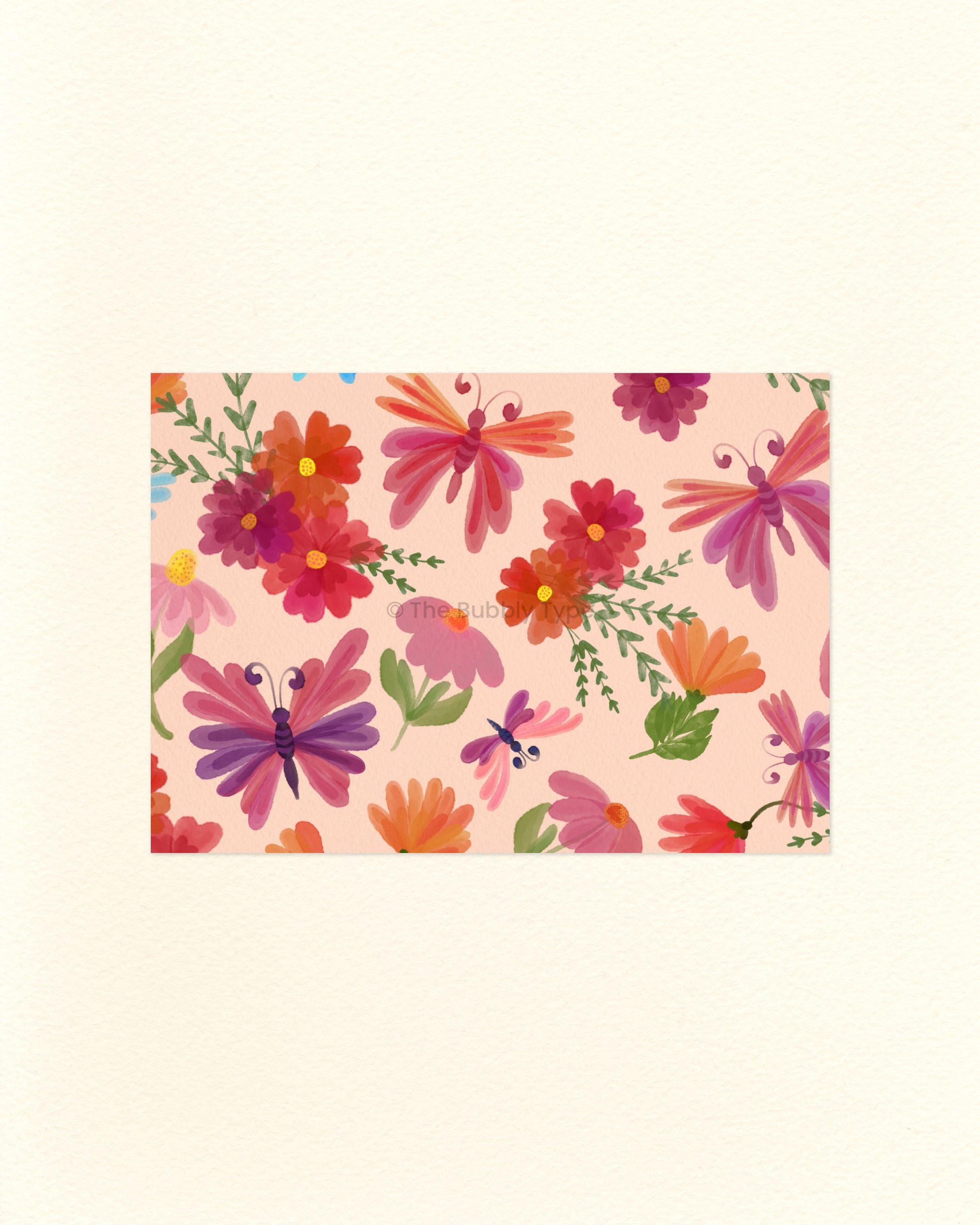 A postcard featuring a floral and butterfly patterned illustration on a pale orange background