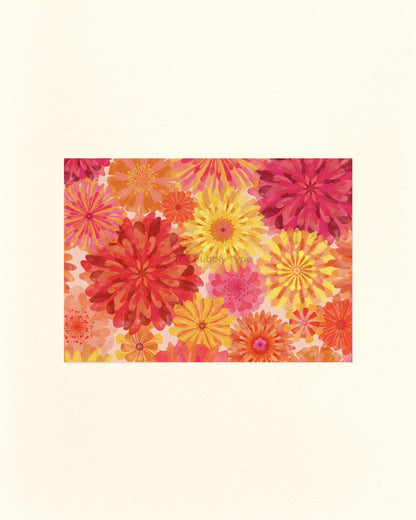 An A6 postcard featuring a colourful red, yellow and orange floral pattern.
