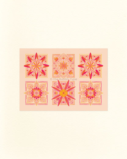 An A6 postcard featuring six floral pattern tile designs on a pale orange background