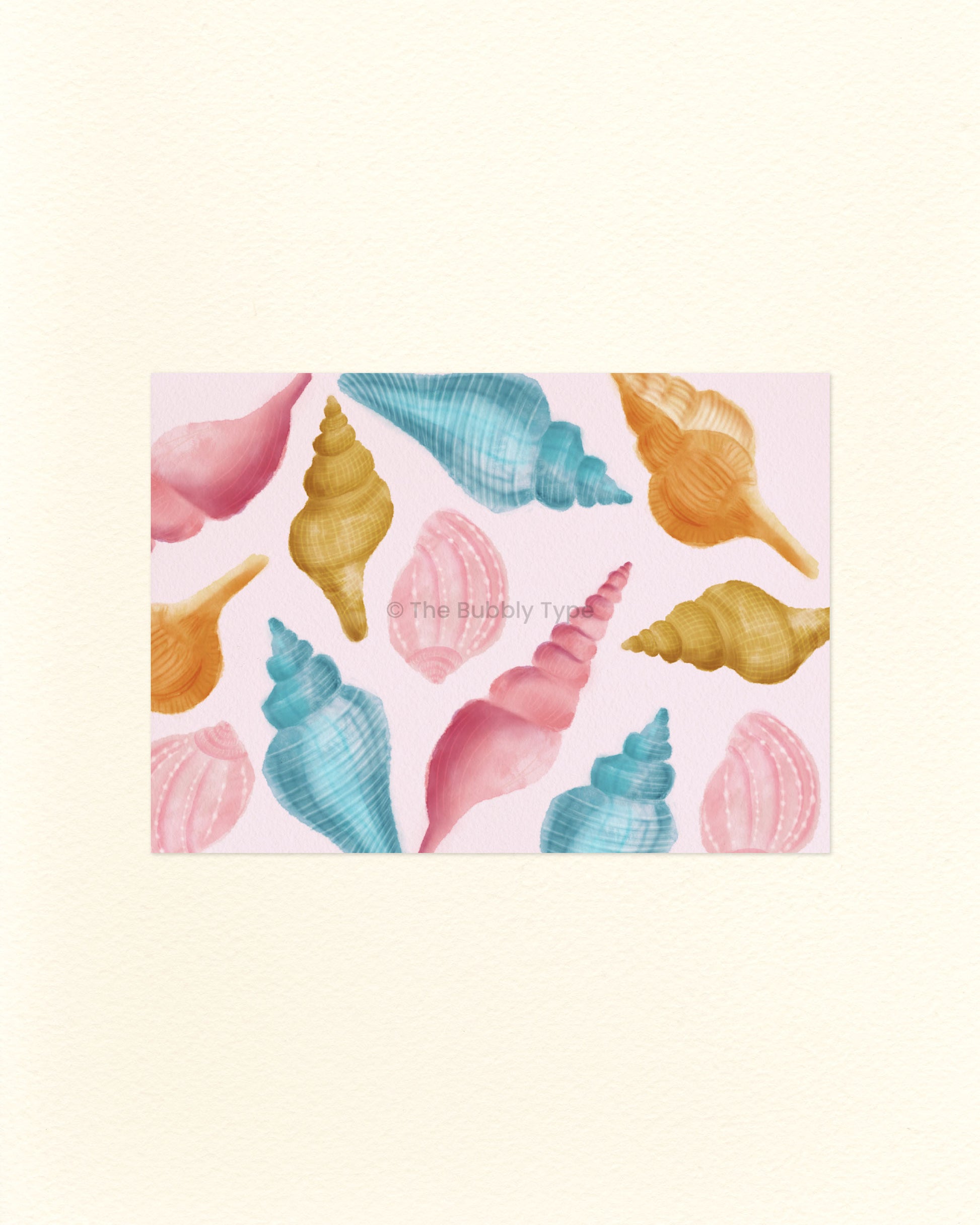 An A6 postcard featuring a colourful seashell pattern on a pink background