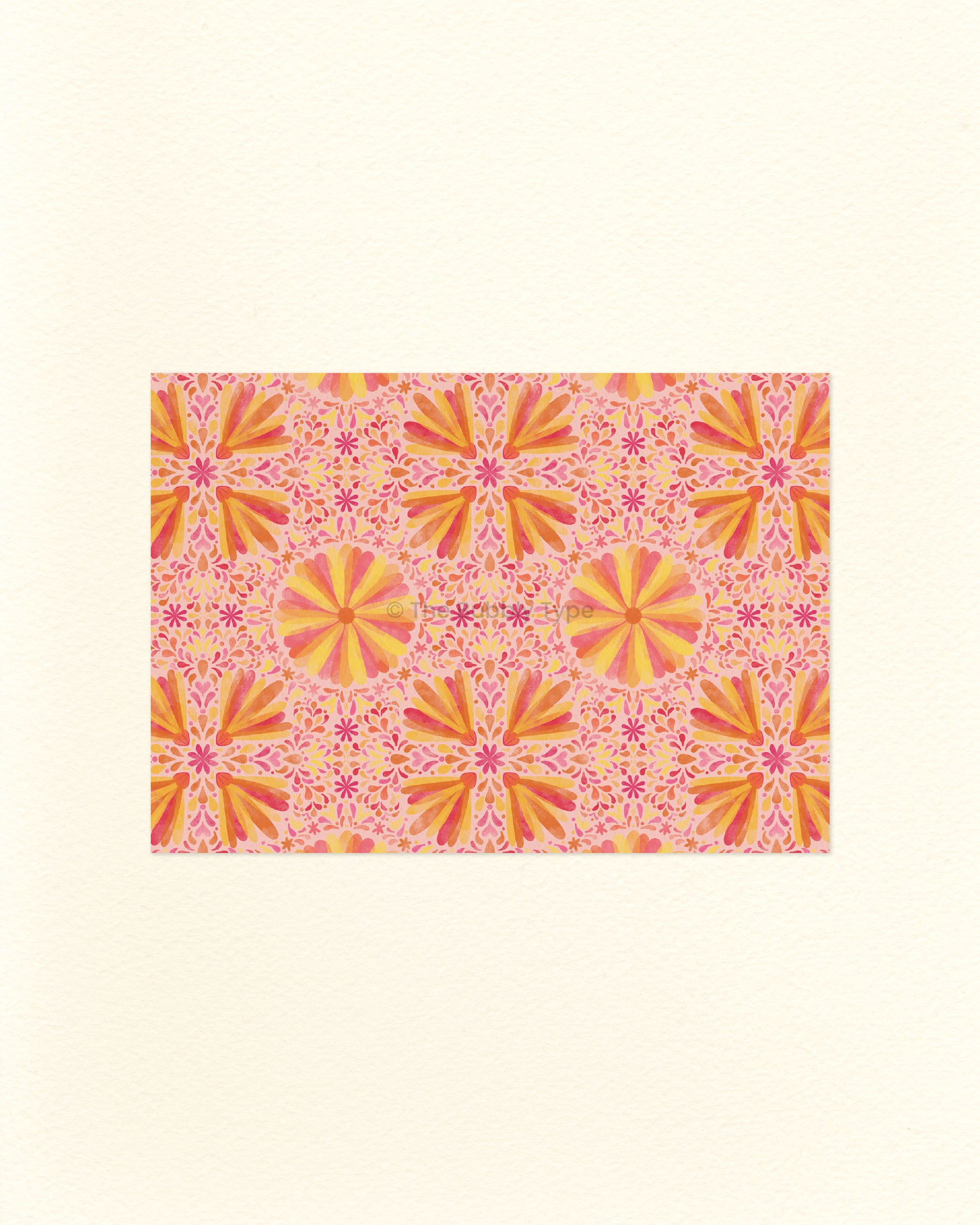 An A6 postcard featuring a pink and orange flower pattern design.