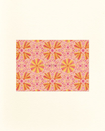 An A6 postcard featuring a pink and orange flower pattern design.