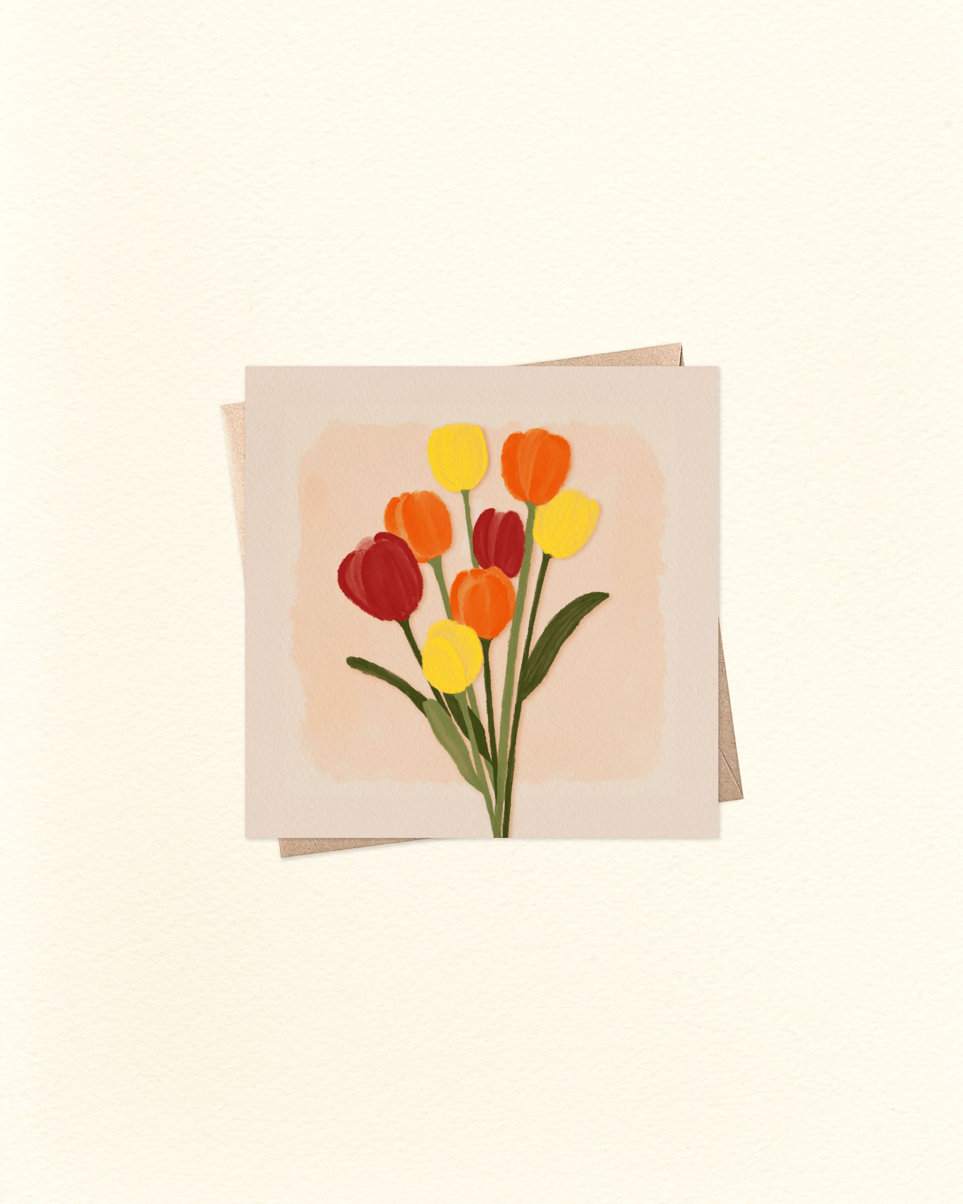 Greeting card with a design of red, yellow, and orange tulips on a beige background