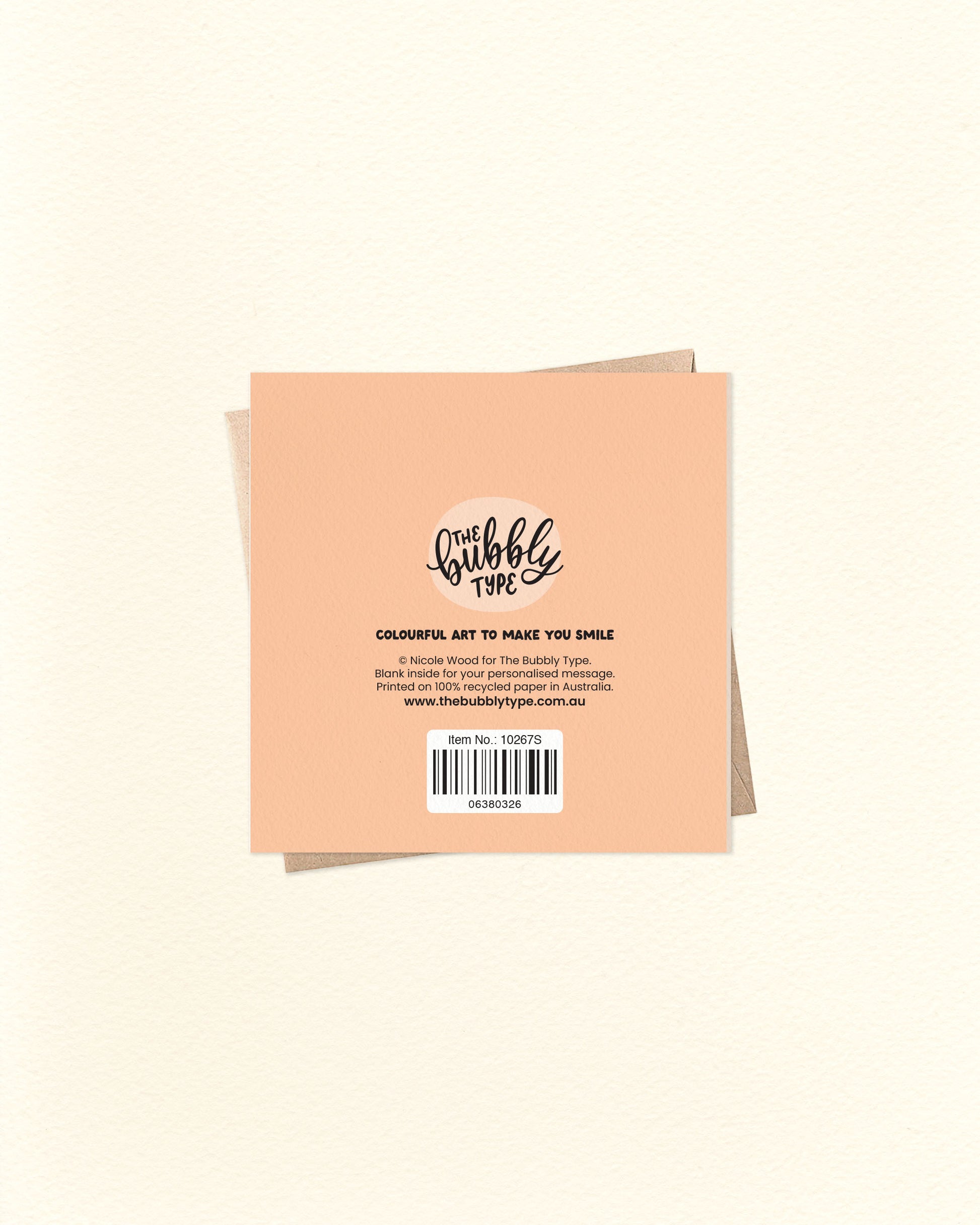 Back of a greeting card with 'The Bubble Type' branding on a beige background