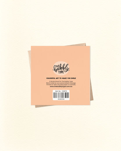 Back of a greeting card with 'The Bubble Type' branding on a beige background