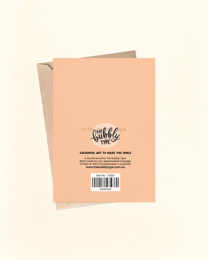 Back of a greeting card with 'The Bubble Type' branding and contact information.